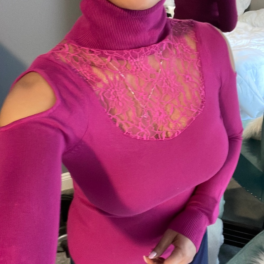 Guess Lace & Cold Shoulder Turtleneck Sweater